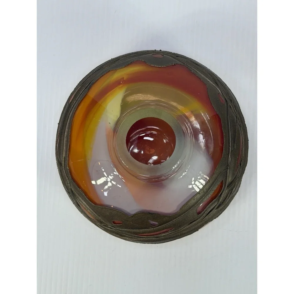 Hand Blown Art Glass Vase Decorative Copper Coated Metal Ring Embedded Orange